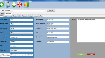 DENTIA Patient Practices, easily maintain clinical records for your patients staring from the general information, medical & dental history, appointments, images, accounts, treatments planning...etc.