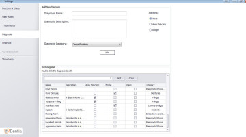 Use DENTIA settings to customize and add new diagnoses.